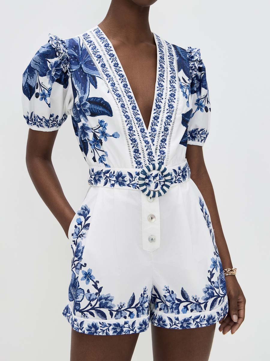 Floral-print Deep V Neck Romper