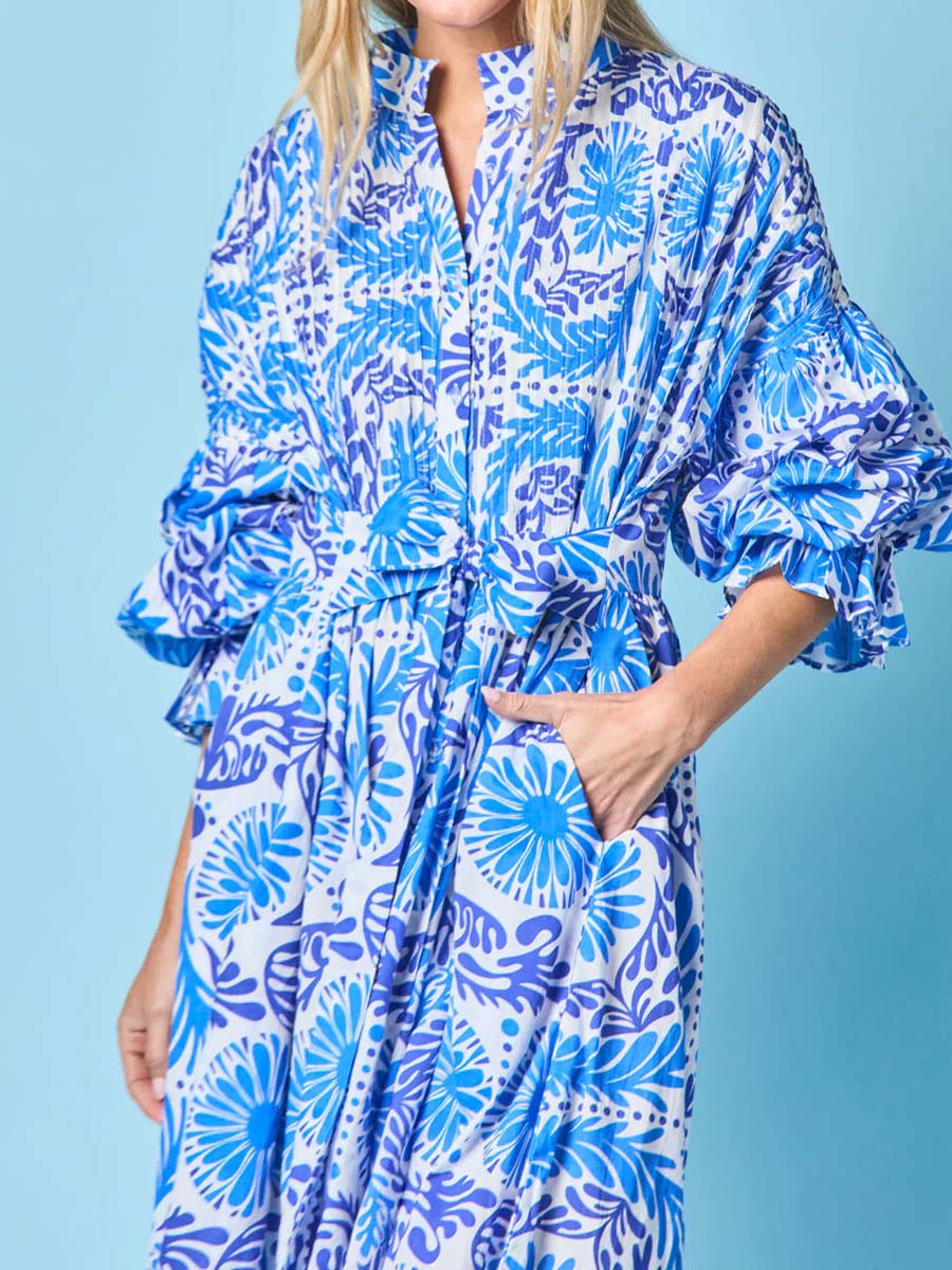 Printed Long Sleeve Belted Dress