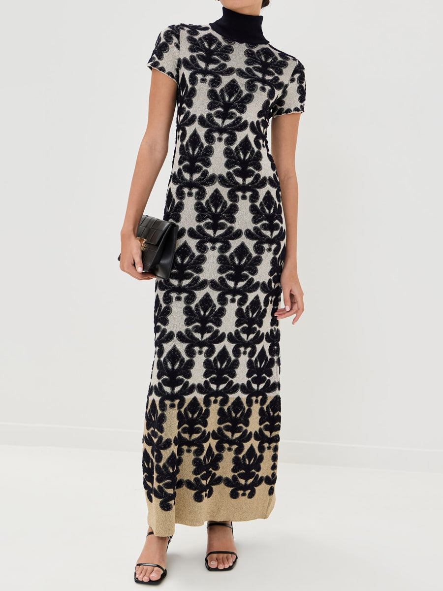 Mock Neck Open Back Short Sleeves Maxi Dress