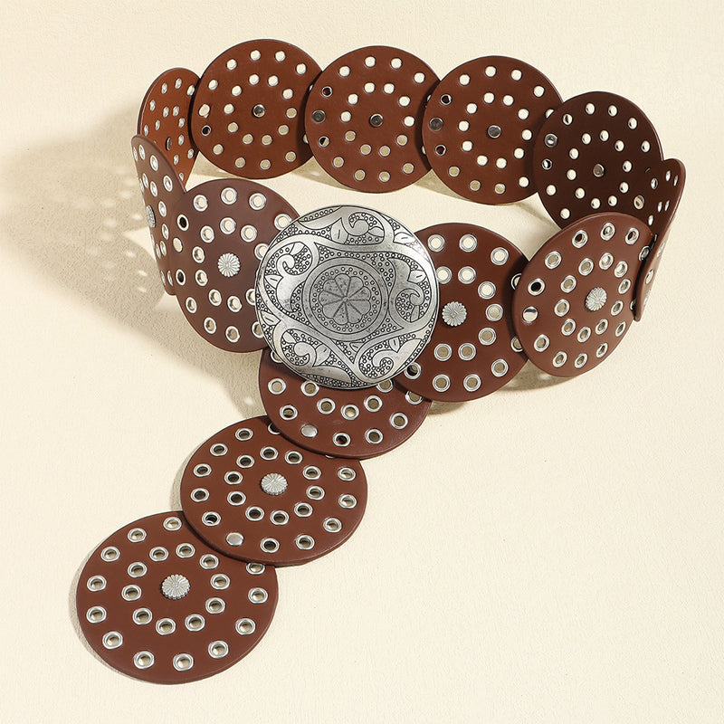 Retro Exaggerated Round Cutout Metal Wide Belt