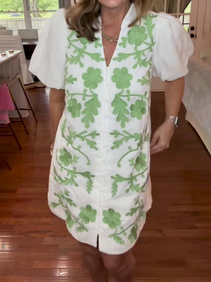 Button Up Embroidered Mini Dress