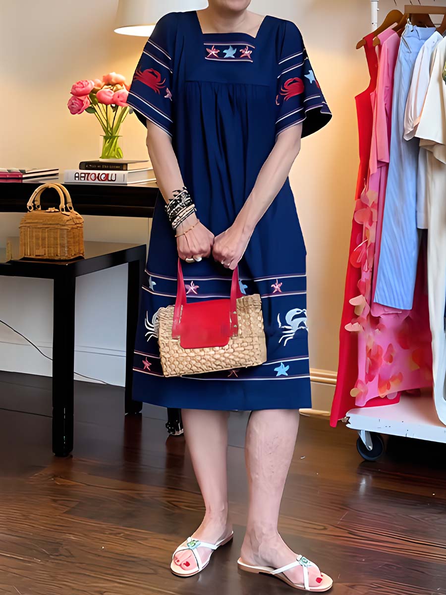 Square Neck Short Sleeve Midi Dress