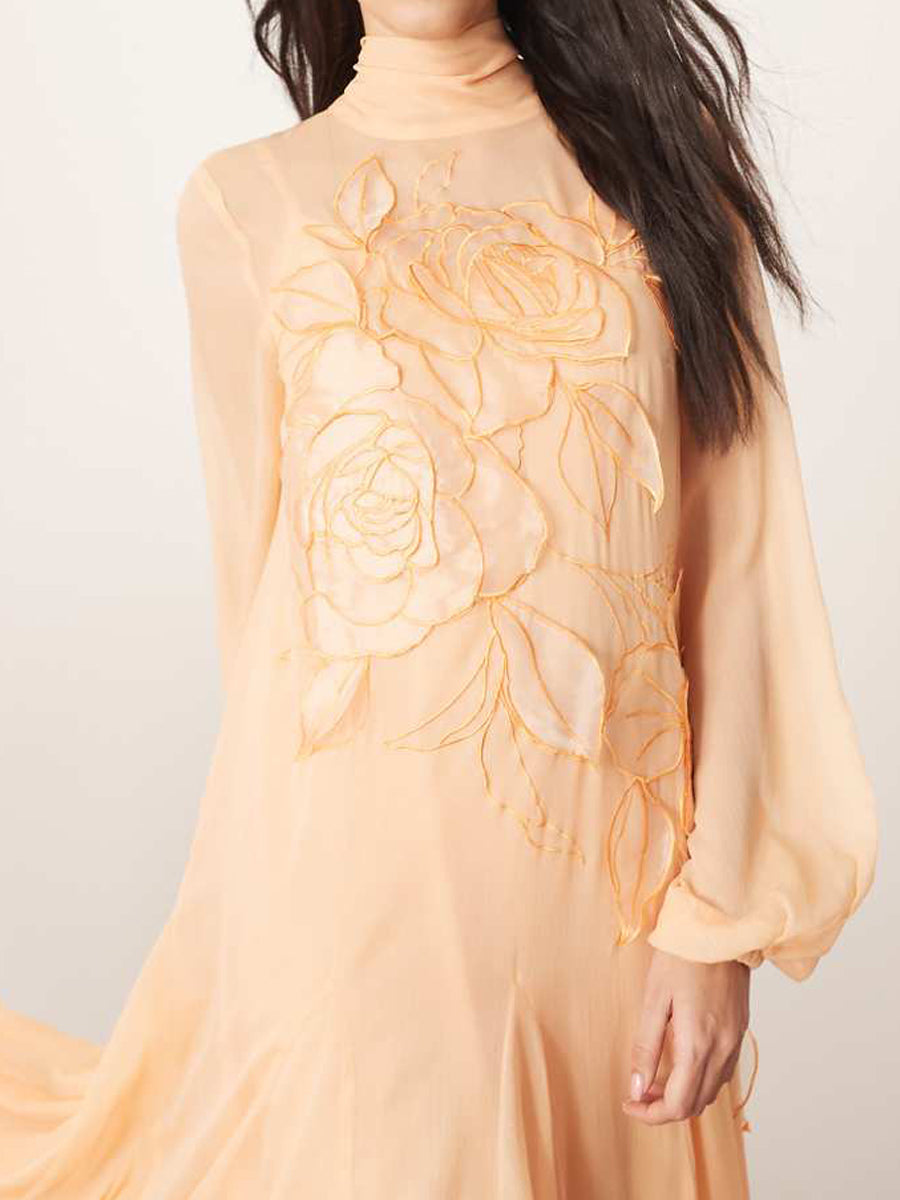 Applique Floral Tie Neck Blouson Sleeve Maxi Dress