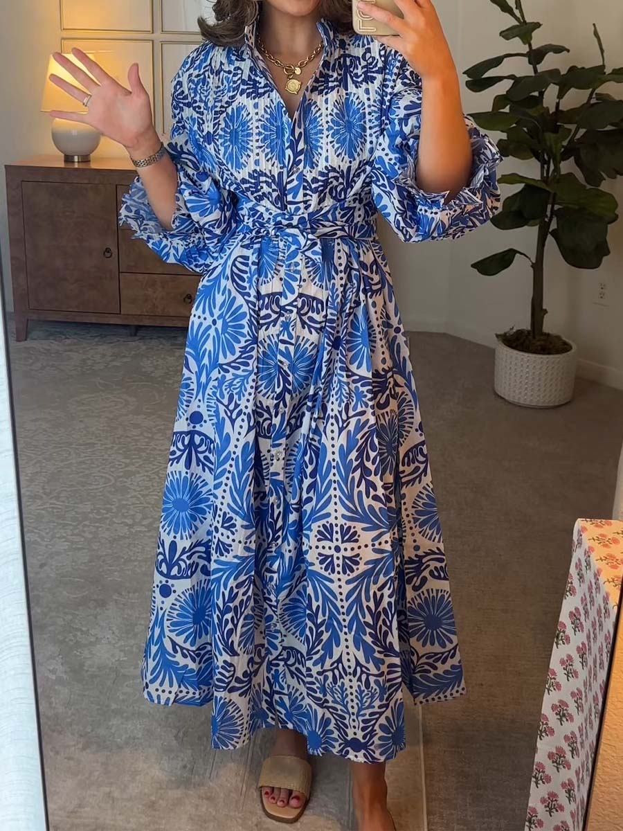 Printed Long Sleeve Belted Dress