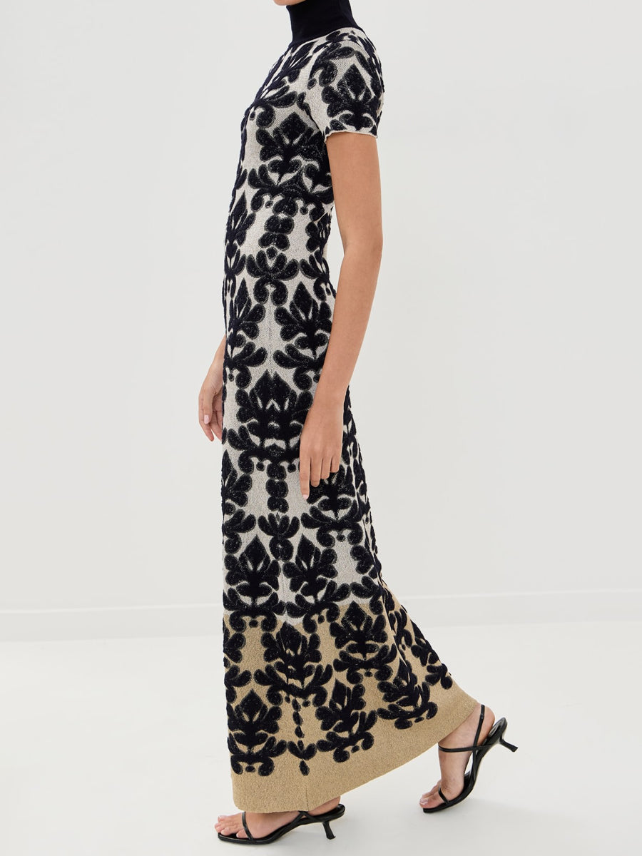 Mock Neck Open Back Short Sleeves Maxi Dress