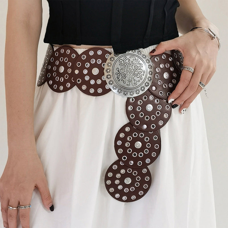 Retro Exaggerated Round Cutout Metal Wide Belt