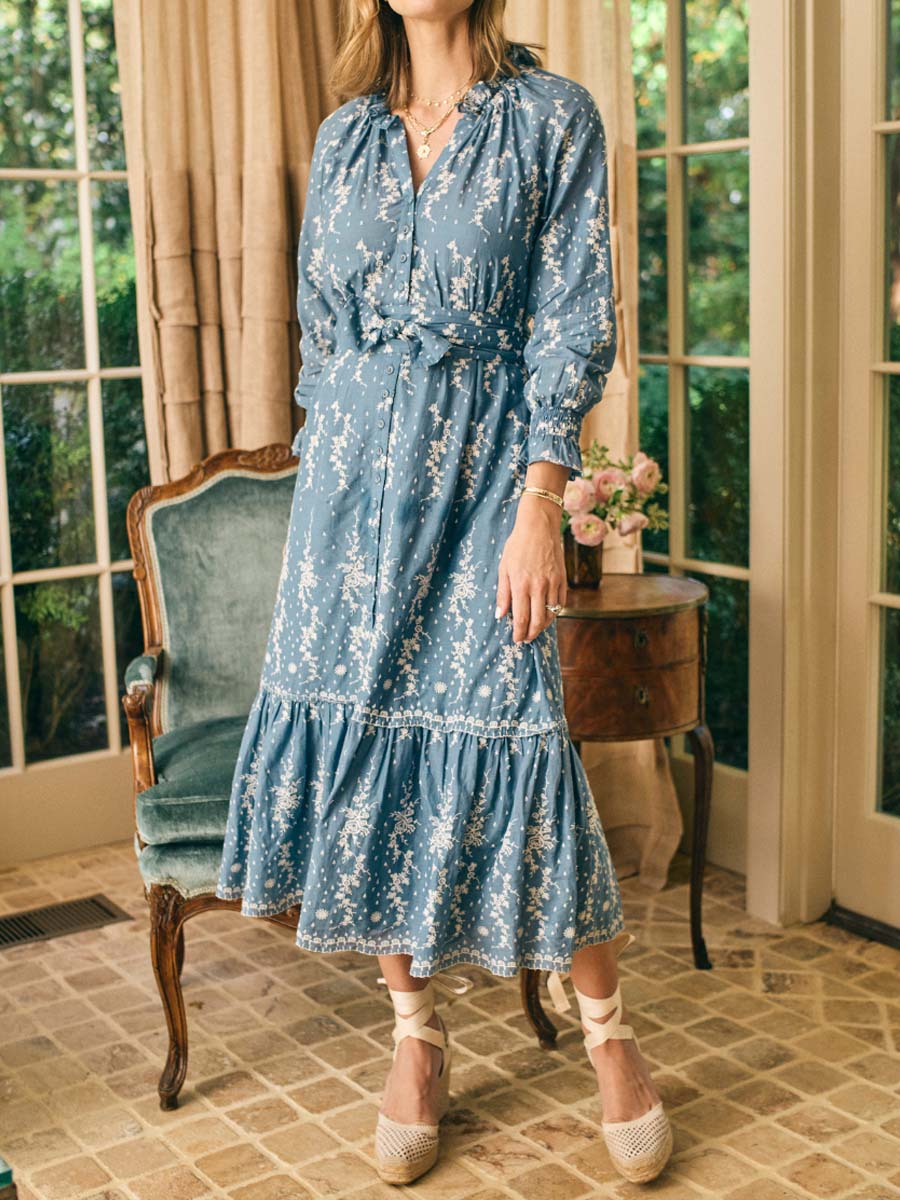 Embroidery Eyelet Ruffled Midi Dress
