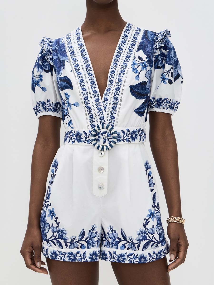 Floral-print Deep V Neck Romper