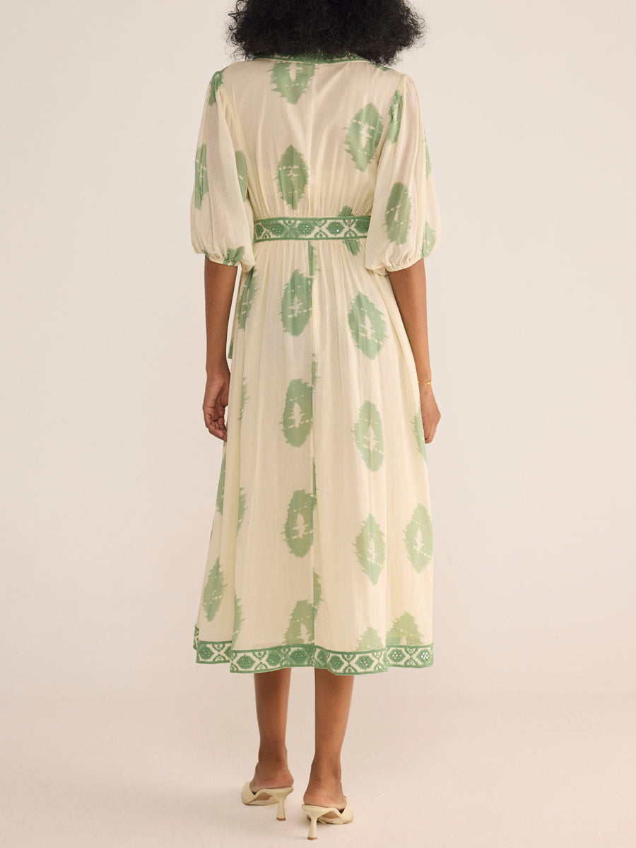 Printed Belted V Neck Wrap Dress