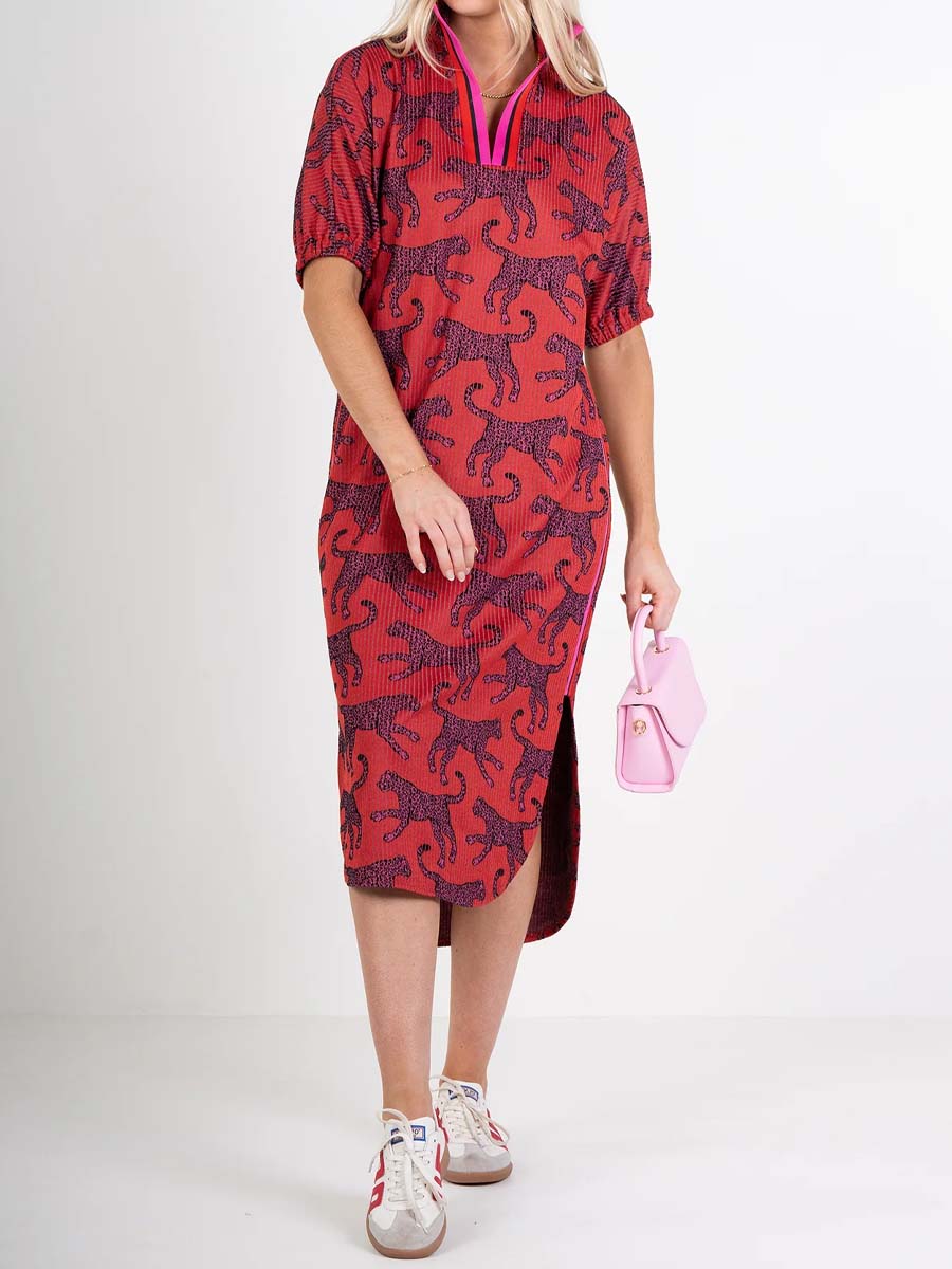 Stand Collar Printed Slit Hem Dress