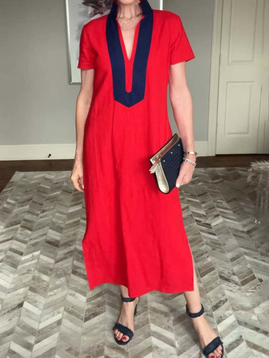 Grosgrain Trim At Collar V-neck Dress