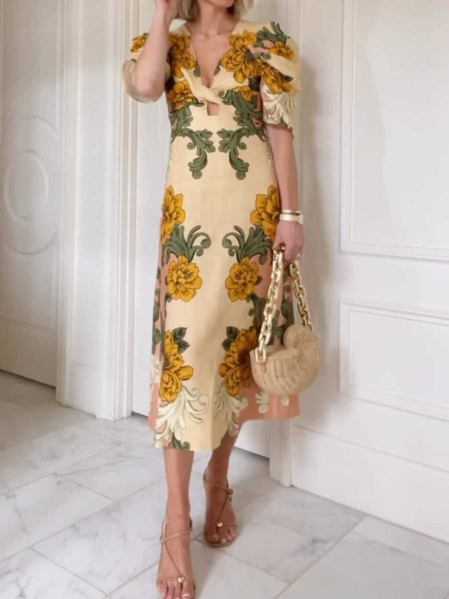 Knotted Printed Short Sleeve Midi Dress