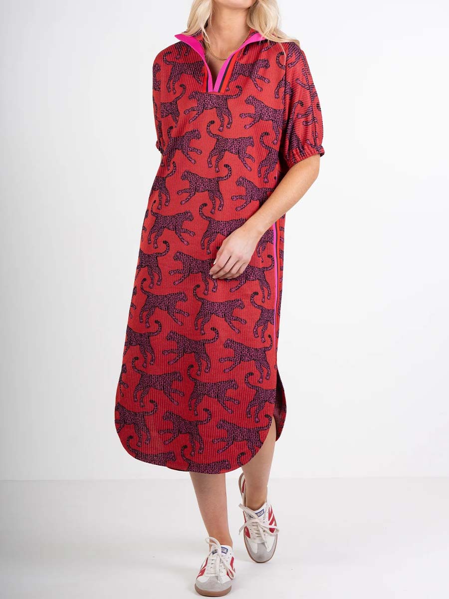 Stand Collar Printed Slit Hem Dress