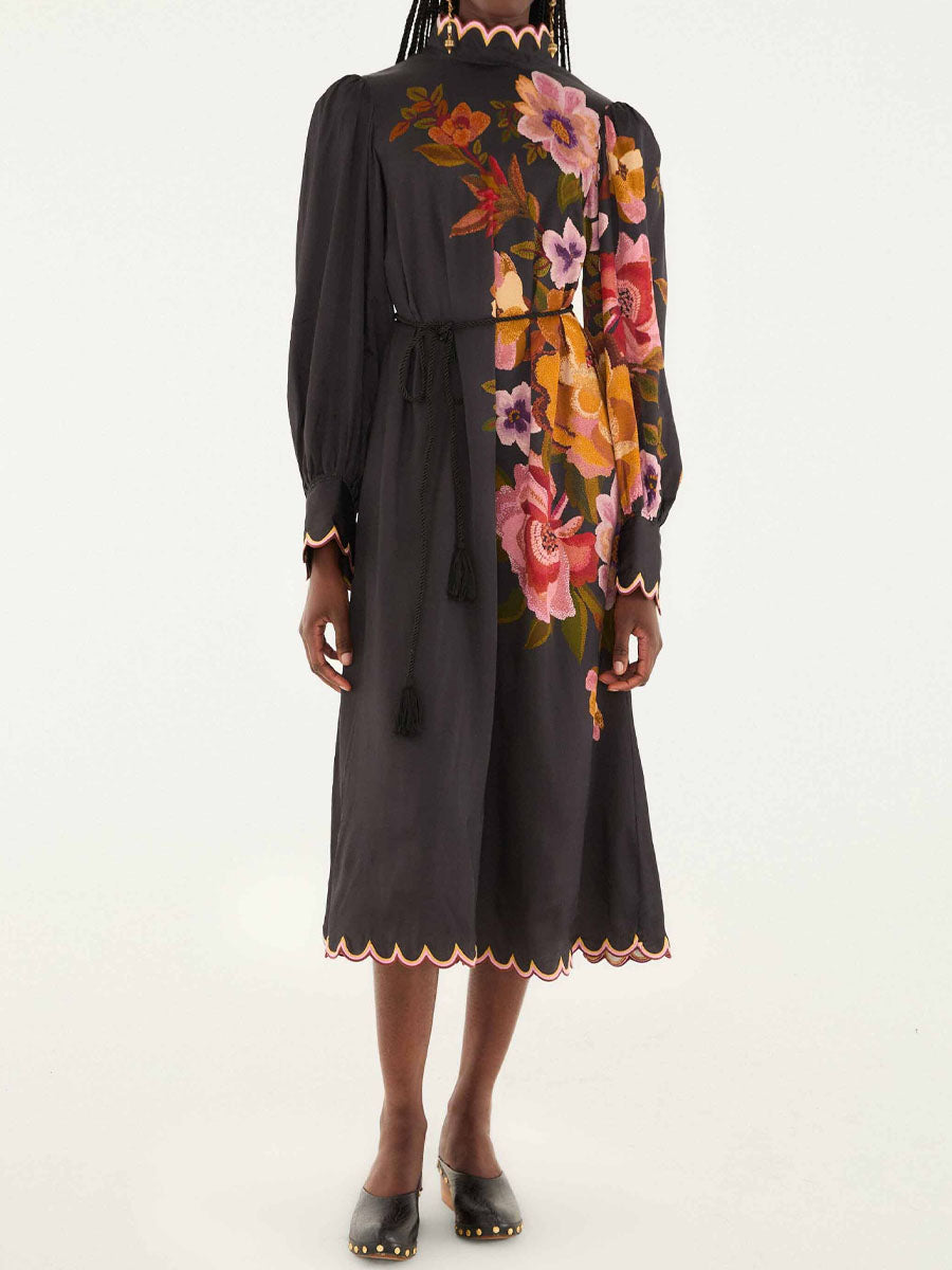 Elegant Flower Embroidered Scalloped Hem Dress