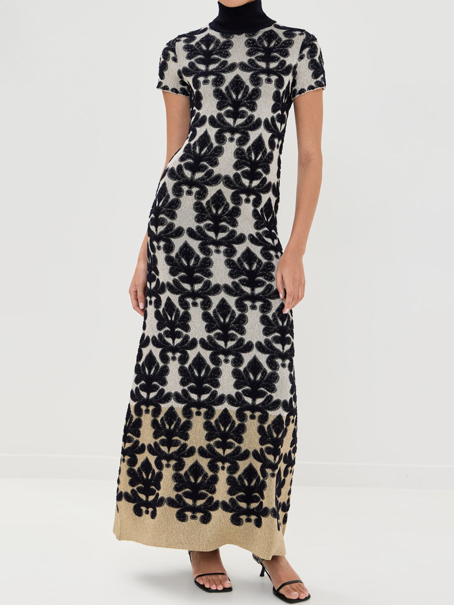 Mock Neck Open Back Short Sleeves Maxi Dress