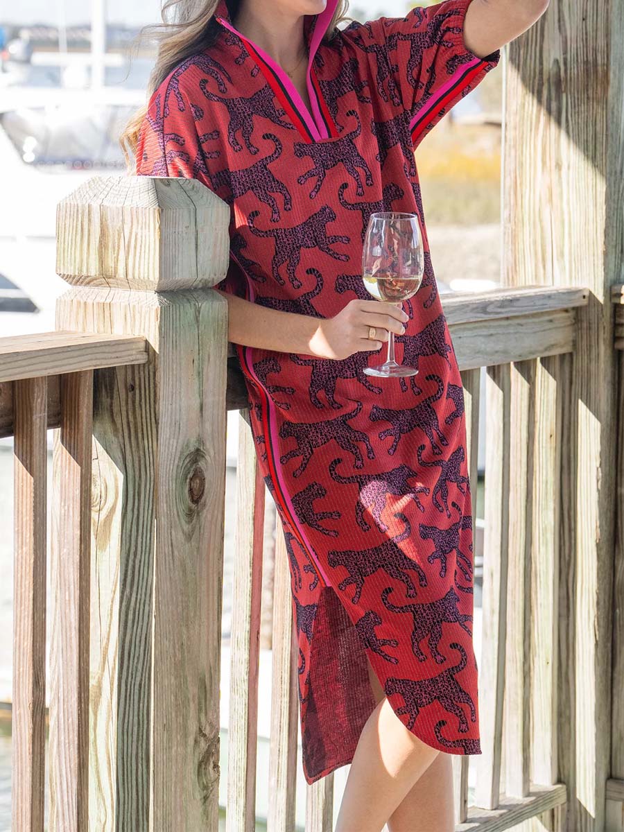 Stand Collar Printed Slit Hem Dress