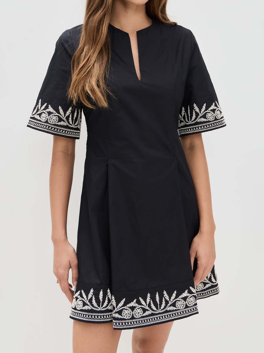 Embroidered Split Neck Mini Dress