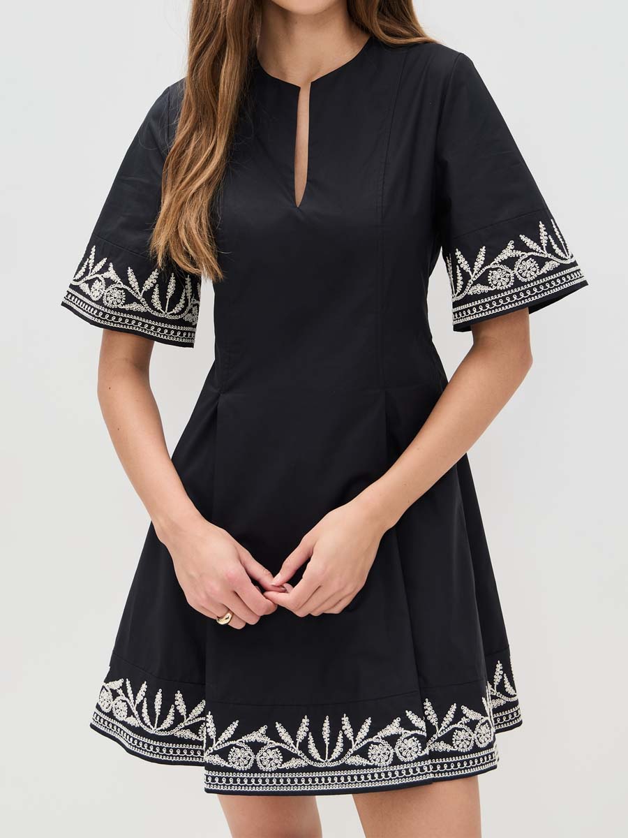 Embroidered Split Neck Mini Dress