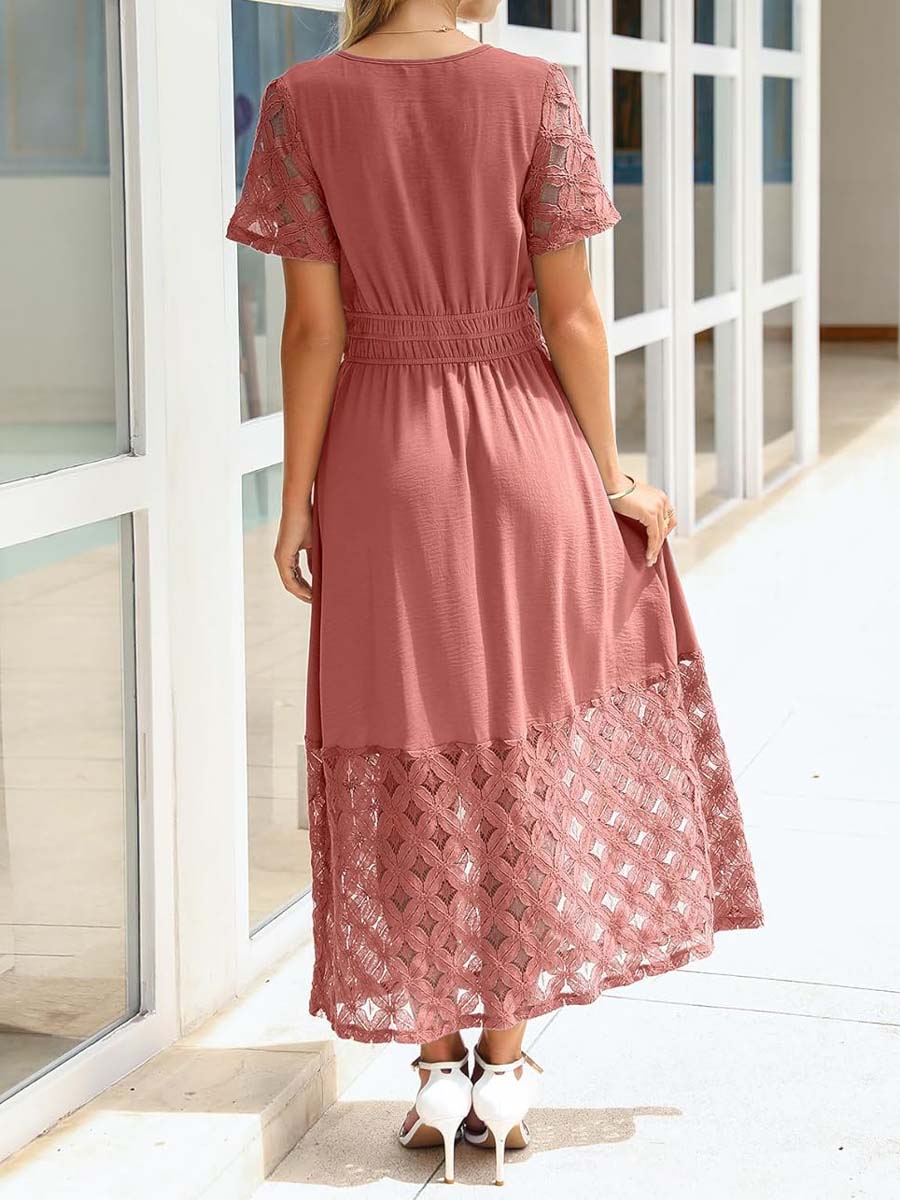 V-neck Lace Patchwork Maxi Dress