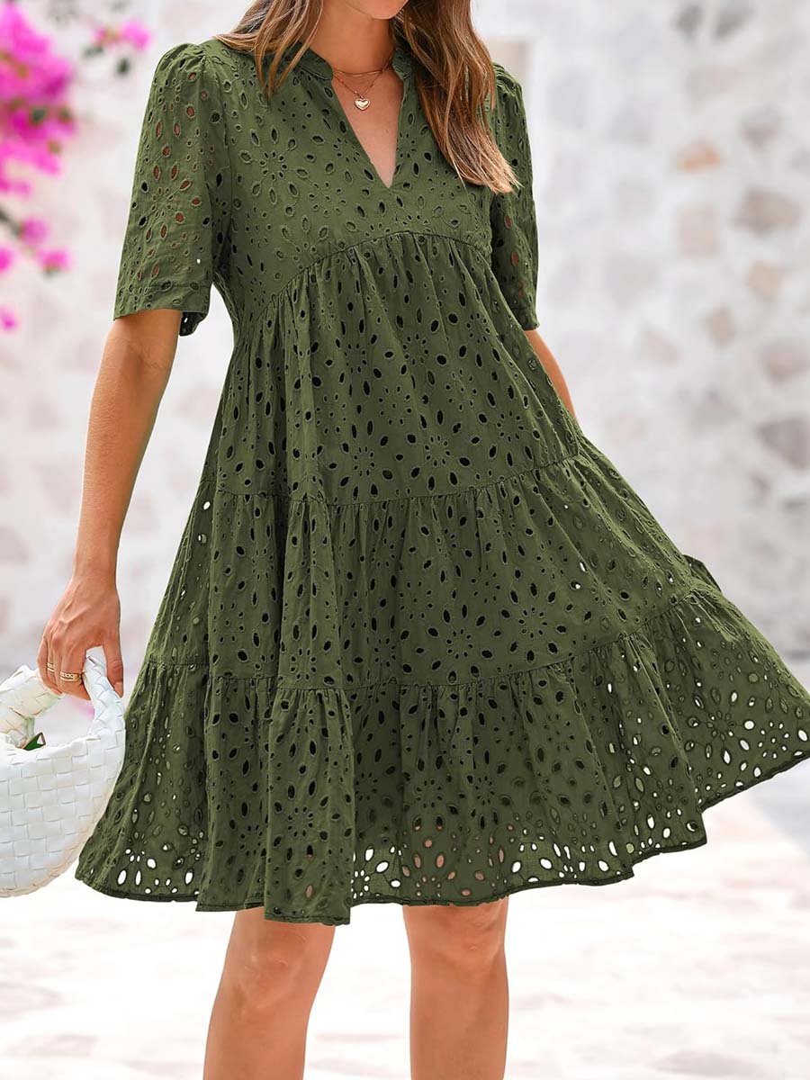 V-neck Hollow-out Embroidered Dress