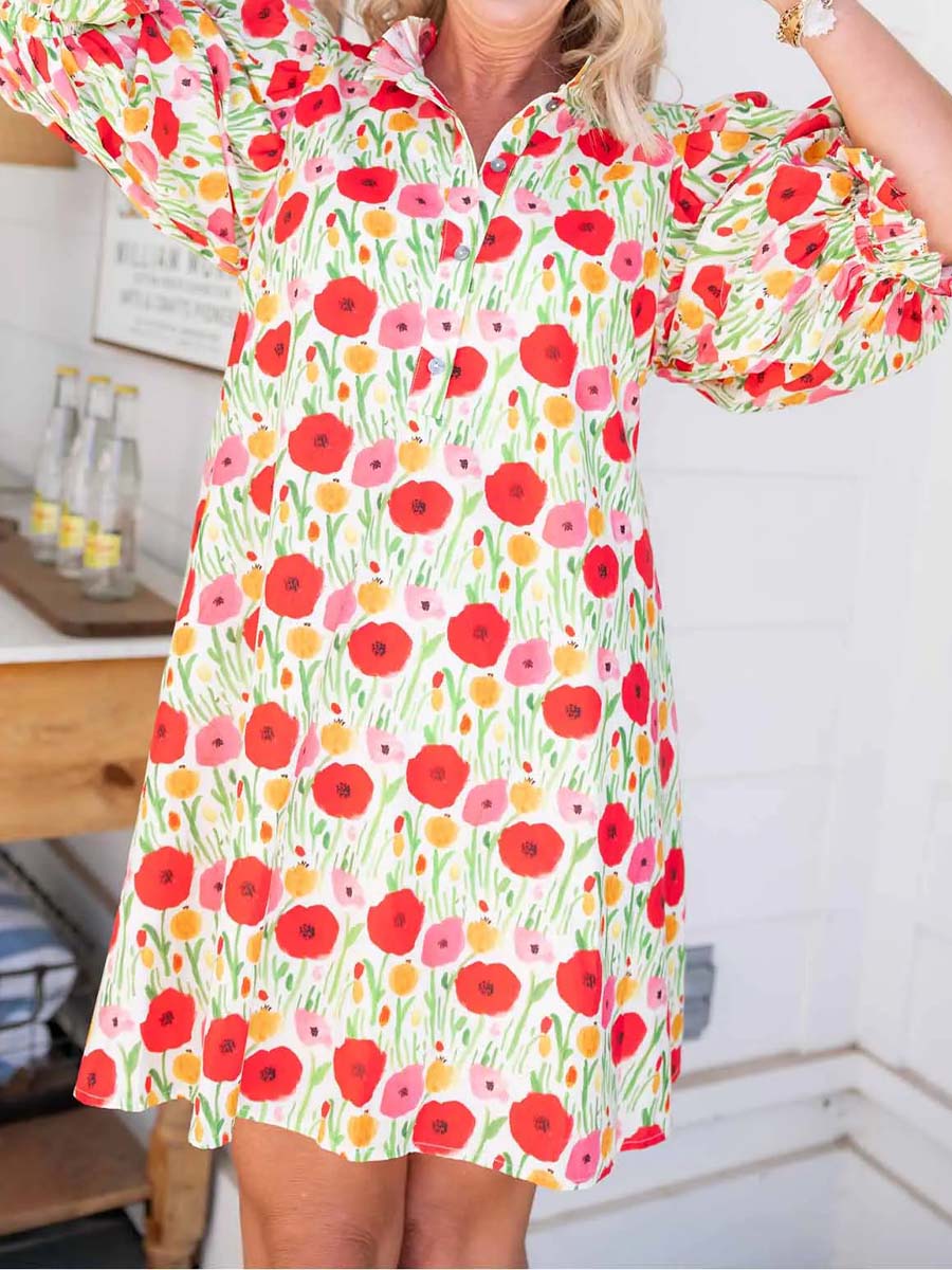 Floral Print Ruffled Collar Mini Dress