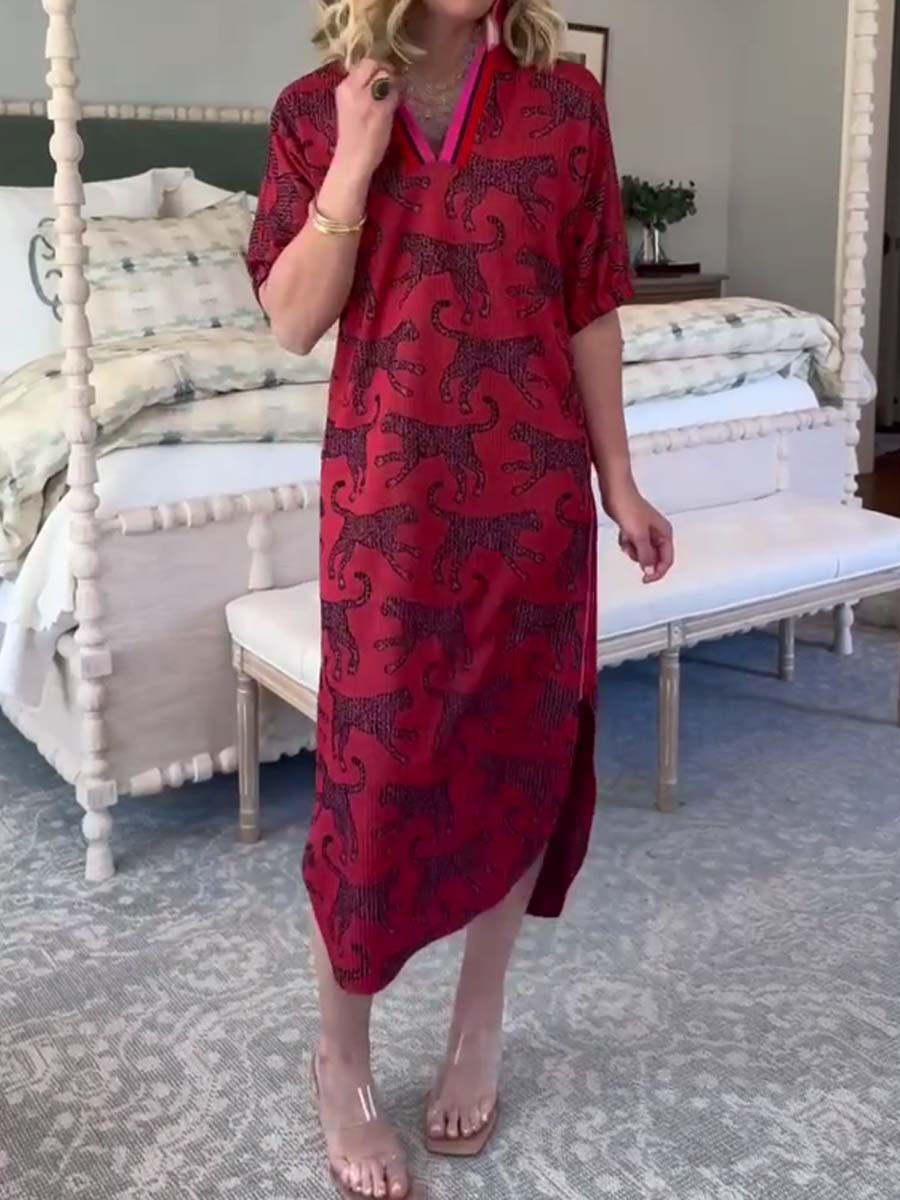 Stand Collar Printed Slit Hem Dress