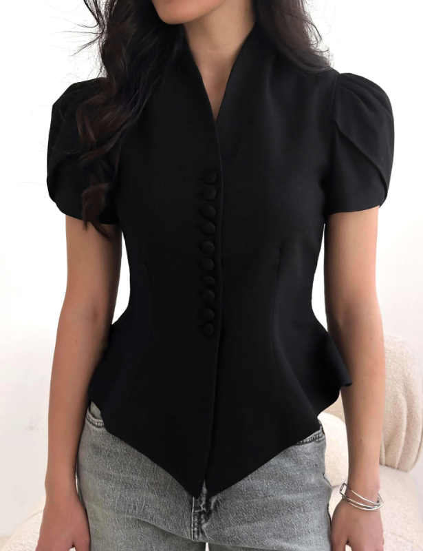 Elegant Slim-fit Stand-collar Short-sleeve Top