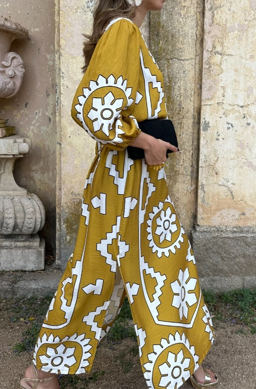 Printed  Long Sleeve Midi Dress