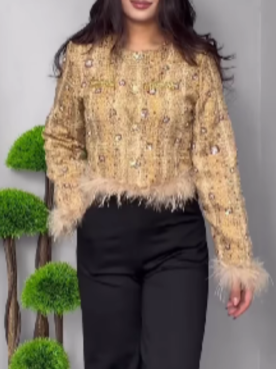 Tweed Diamond Embellished Plush Cuff Coat