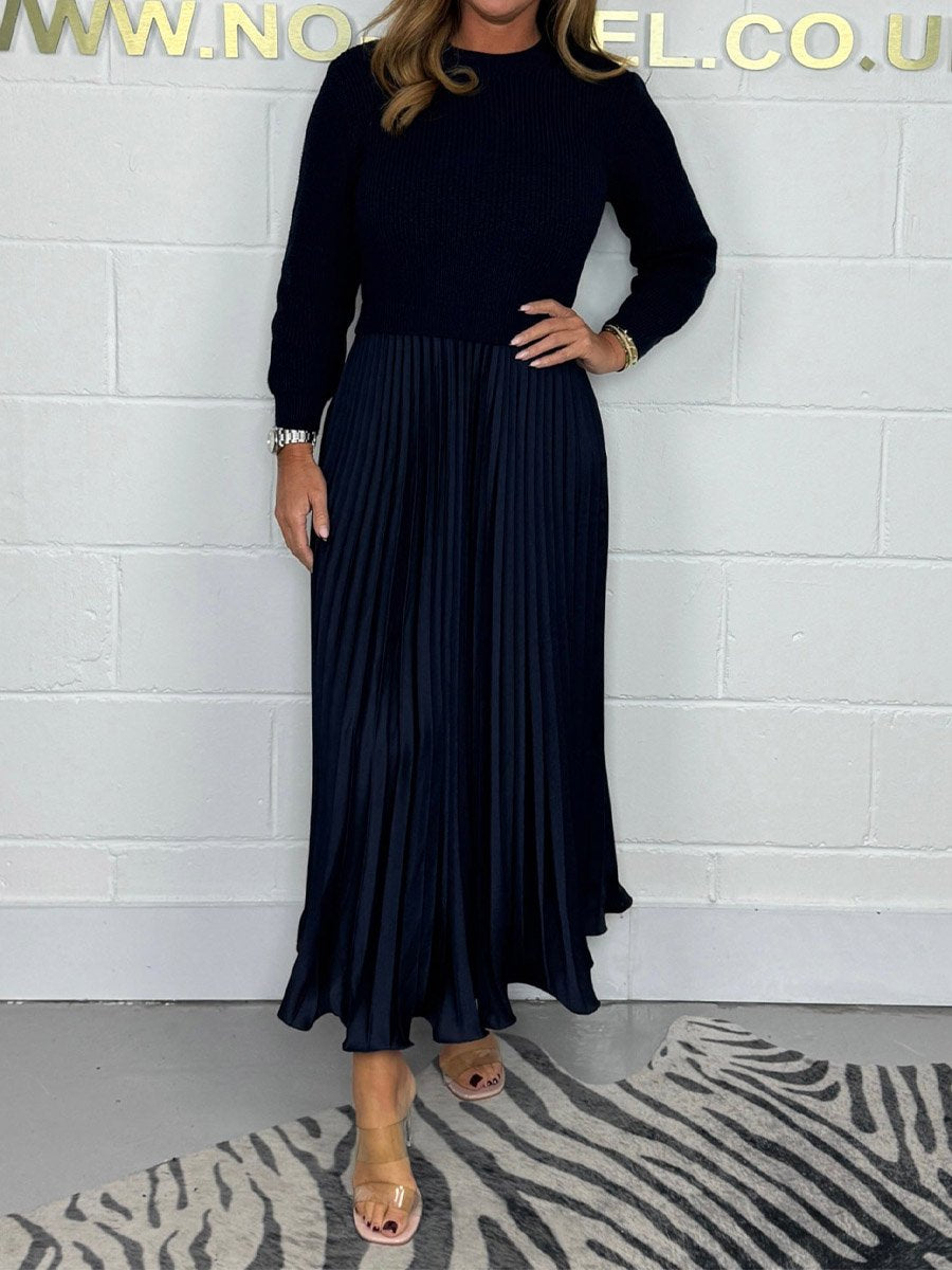 Solid Knitted Long Sleeve Pullover Stitching Pleated Dress