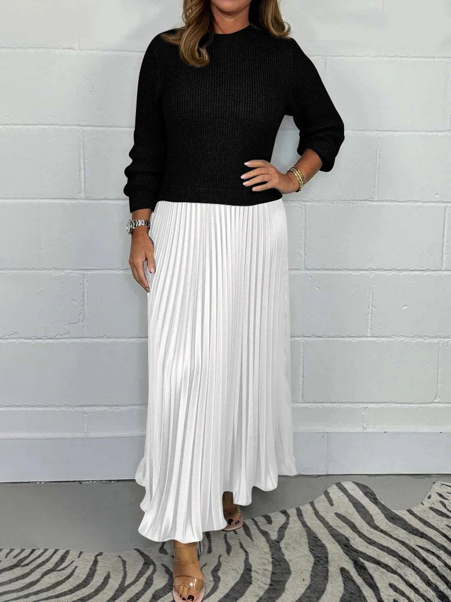 Solid Knitted Long Sleeve Pullover Stitching Pleated Dress