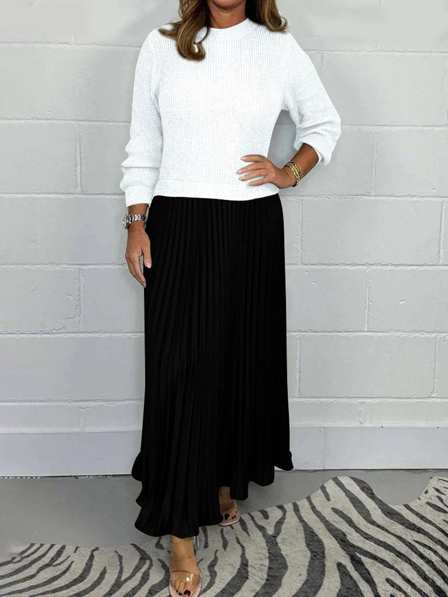 Solid Knitted Long Sleeve Pullover Stitching Pleated Dress