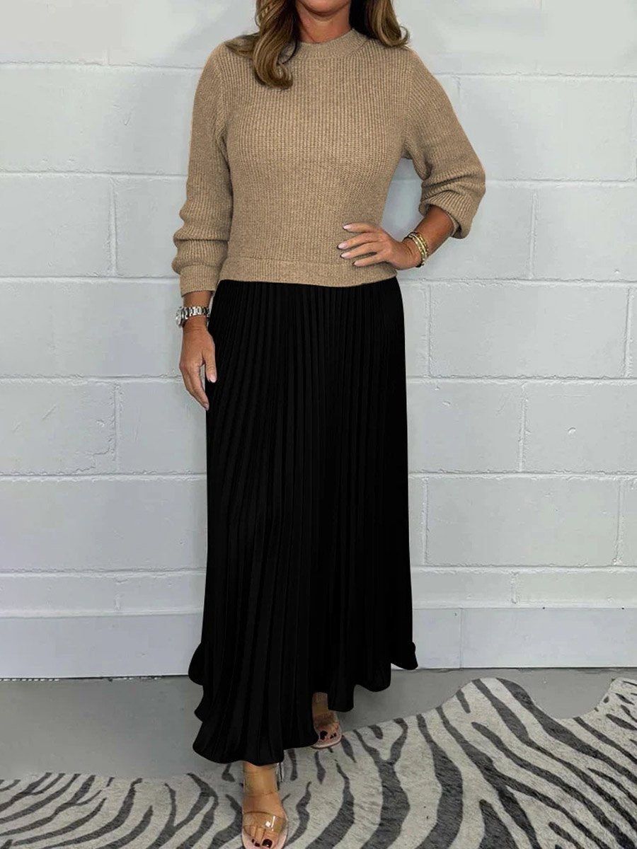 Solid Knitted Long Sleeve Pullover Stitching Pleated Dress
