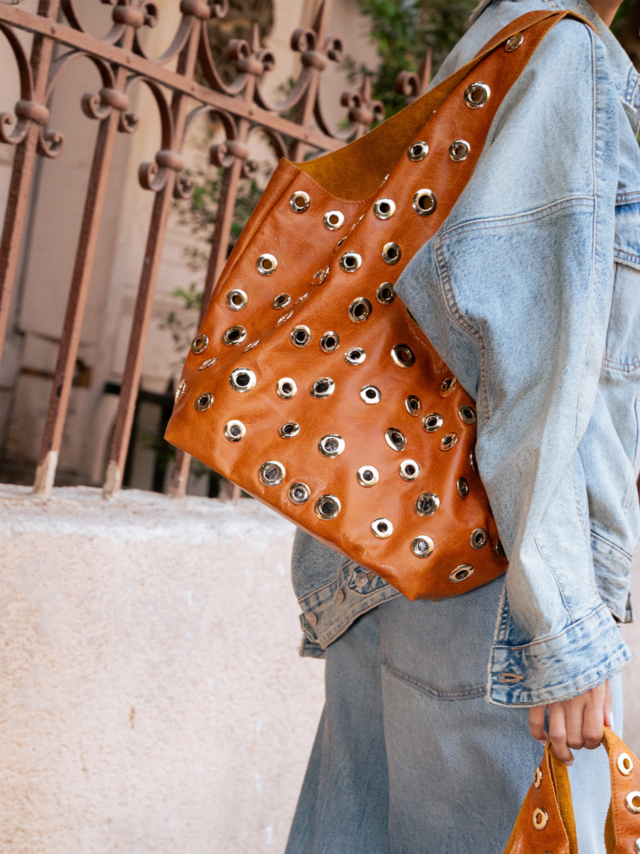 Faux Leather Silver Studded Shoulder Bag