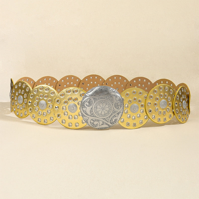 Retro Exaggerated Round Cutout Metal Wide Belt