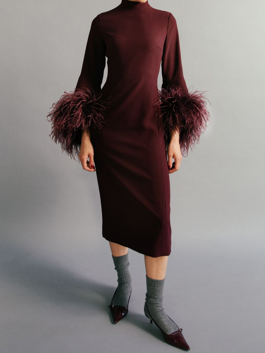Feather Trim Stand-up Collar Elegant Dress