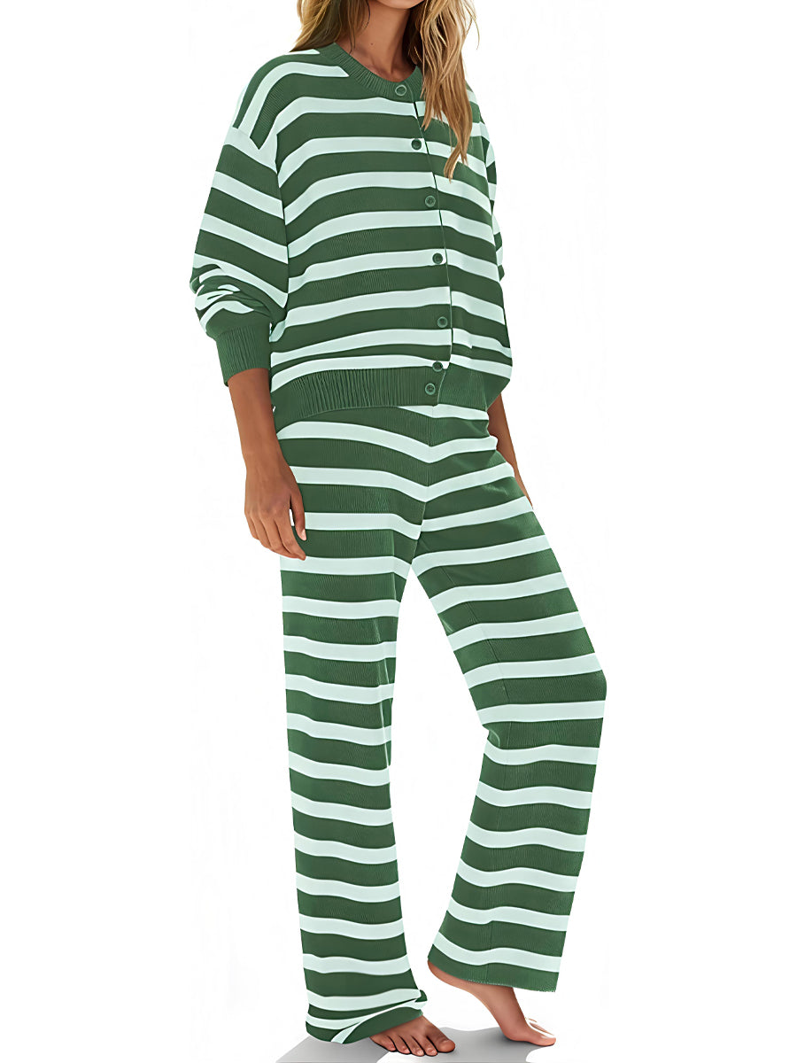 Striped Button Up Cardigan & Wide Leg Pants Two Pieces Set