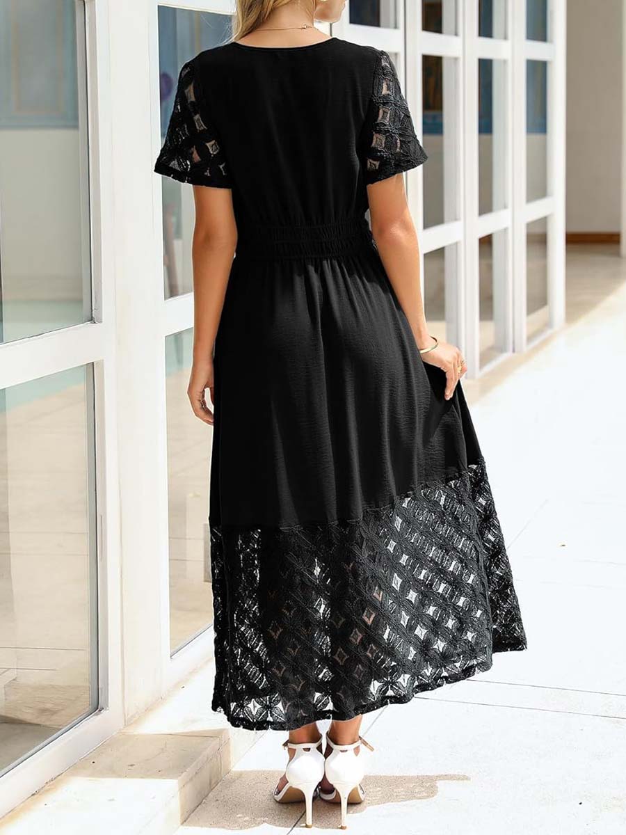 V-neck Lace Patchwork Maxi Dress