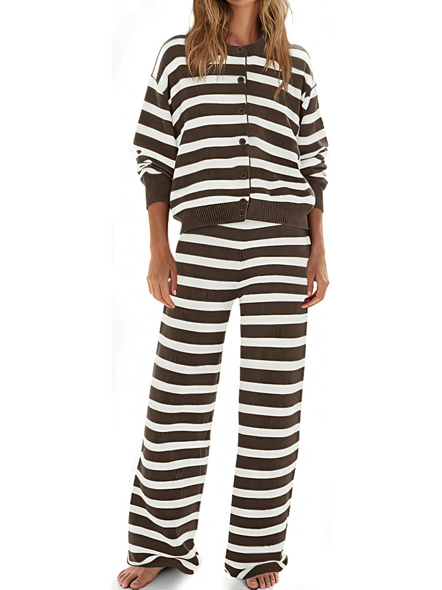 Striped Button Up Cardigan & Wide Leg Pants Two Pieces Set
