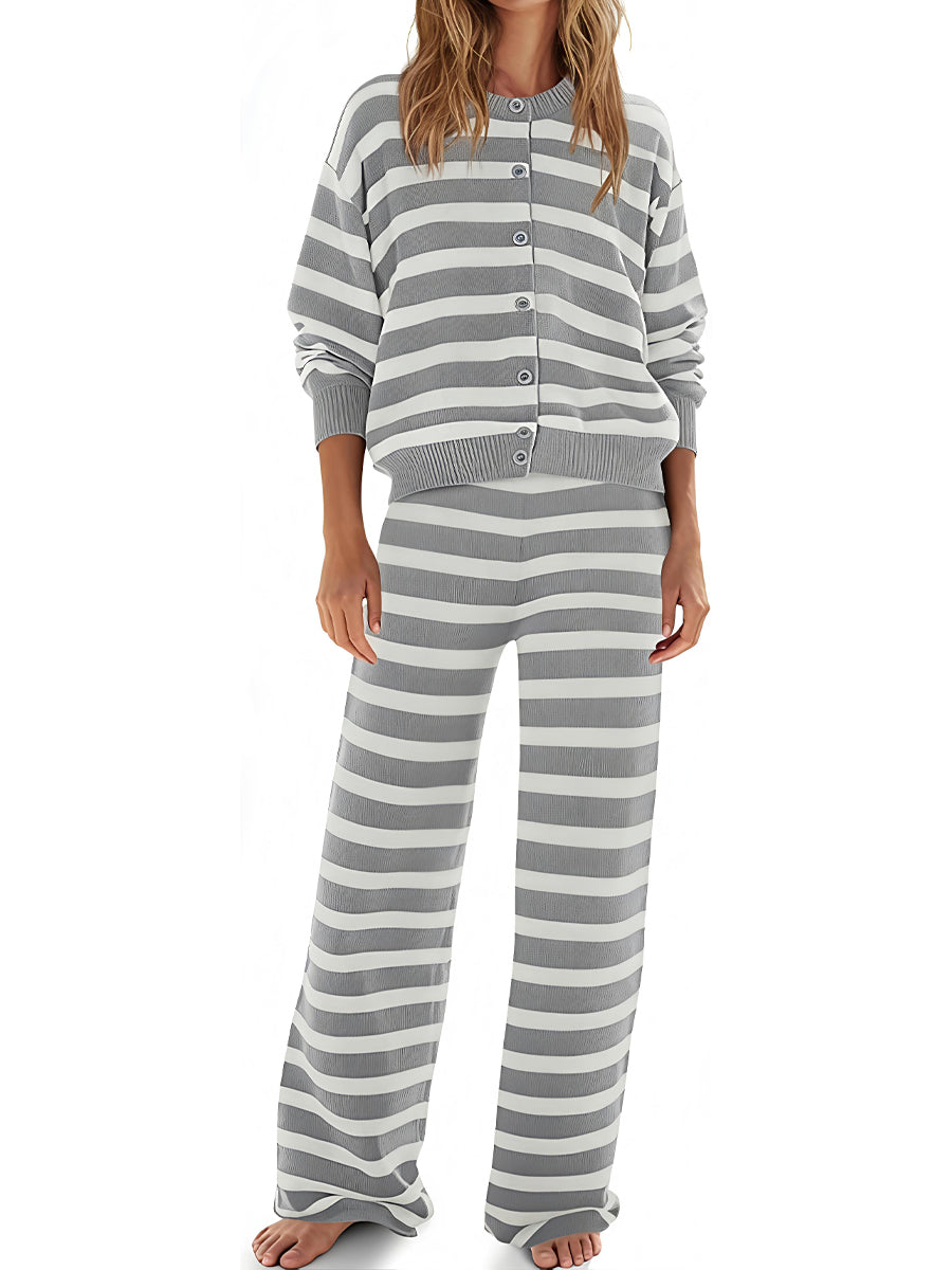 Striped Button Up Cardigan & Wide Leg Pants Two Pieces Set
