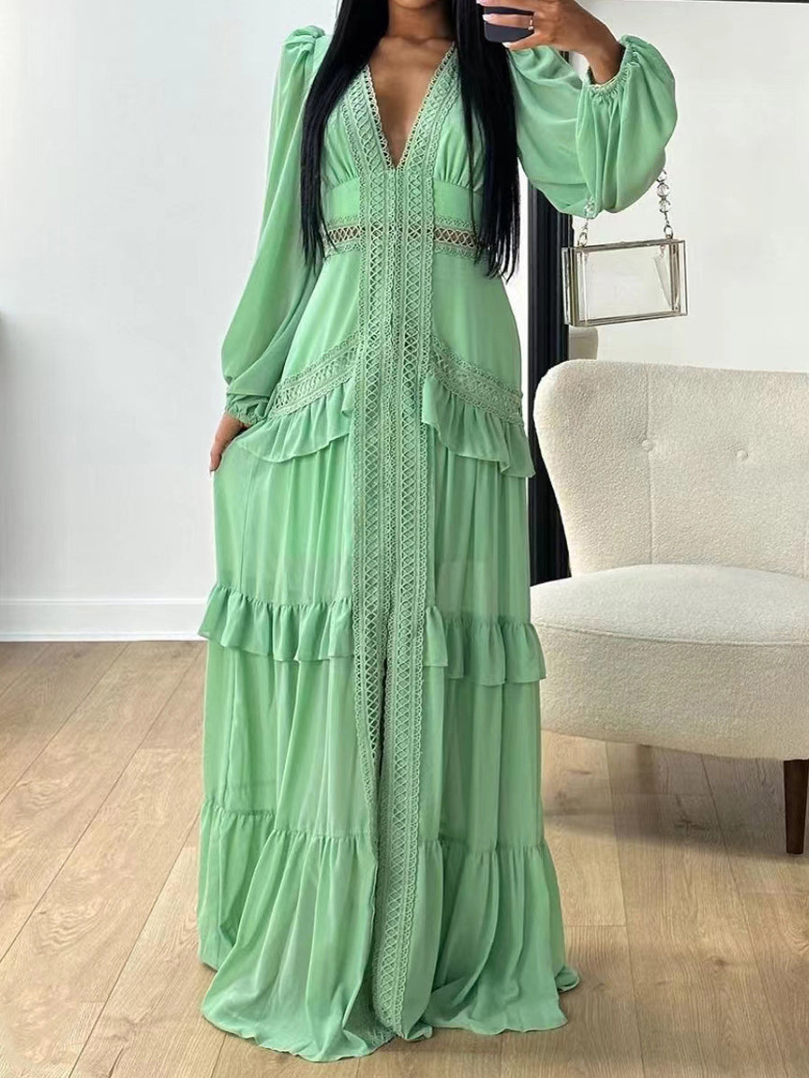 Elegant Patchwork Long Sleeve V Neck Ruffled Dress