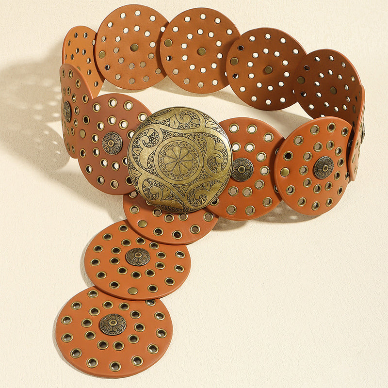 Retro Exaggerated Round Cutout Metal Wide Belt