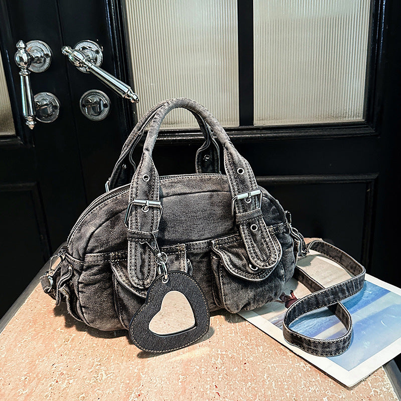 Washed Denim Multi-Pocket Crossbody Bag