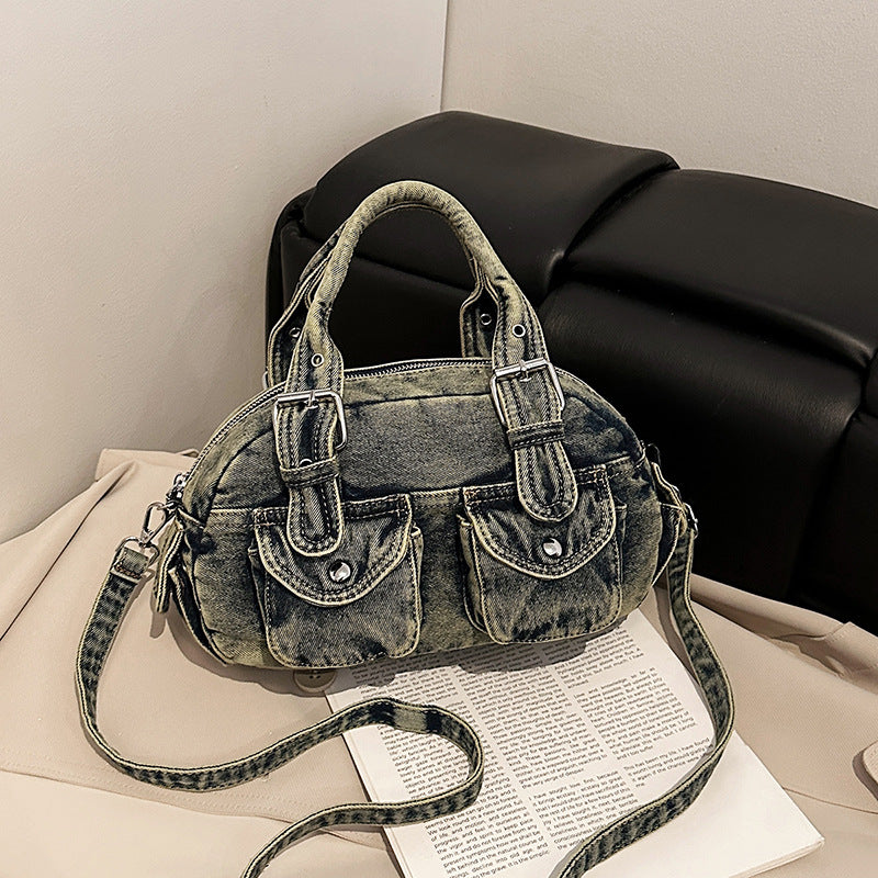 Washed Denim Multi-Pocket Crossbody Bag
