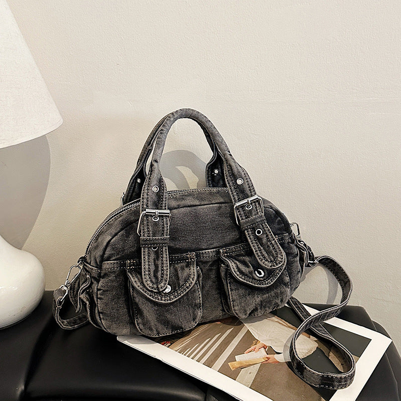 Washed Denim Multi-Pocket Crossbody Bag