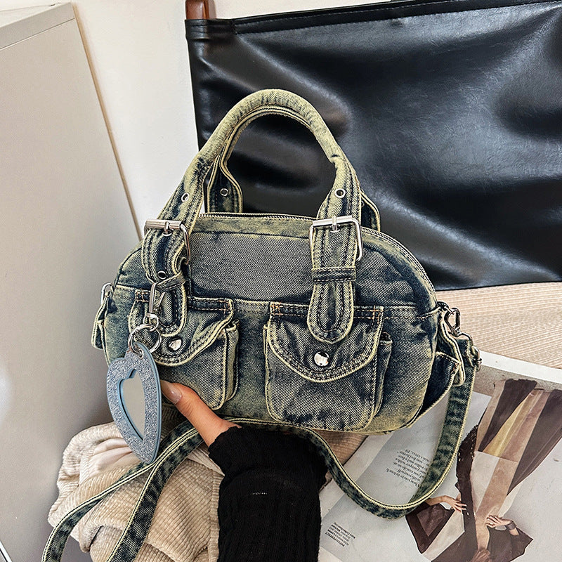 Washed Denim Multi-Pocket Crossbody Bag