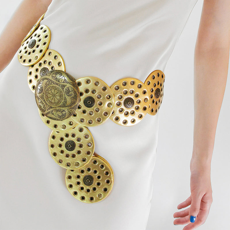 Retro Exaggerated Round Cutout Metal Wide Belt