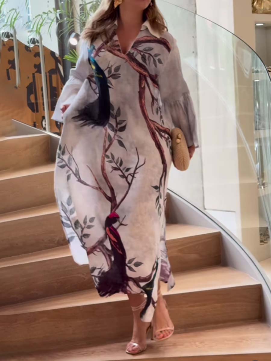 Printed V Neck Loose Dress