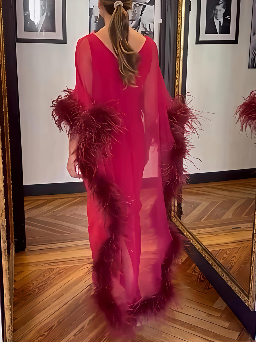 Feather Trim Cape Party Maxi Dress