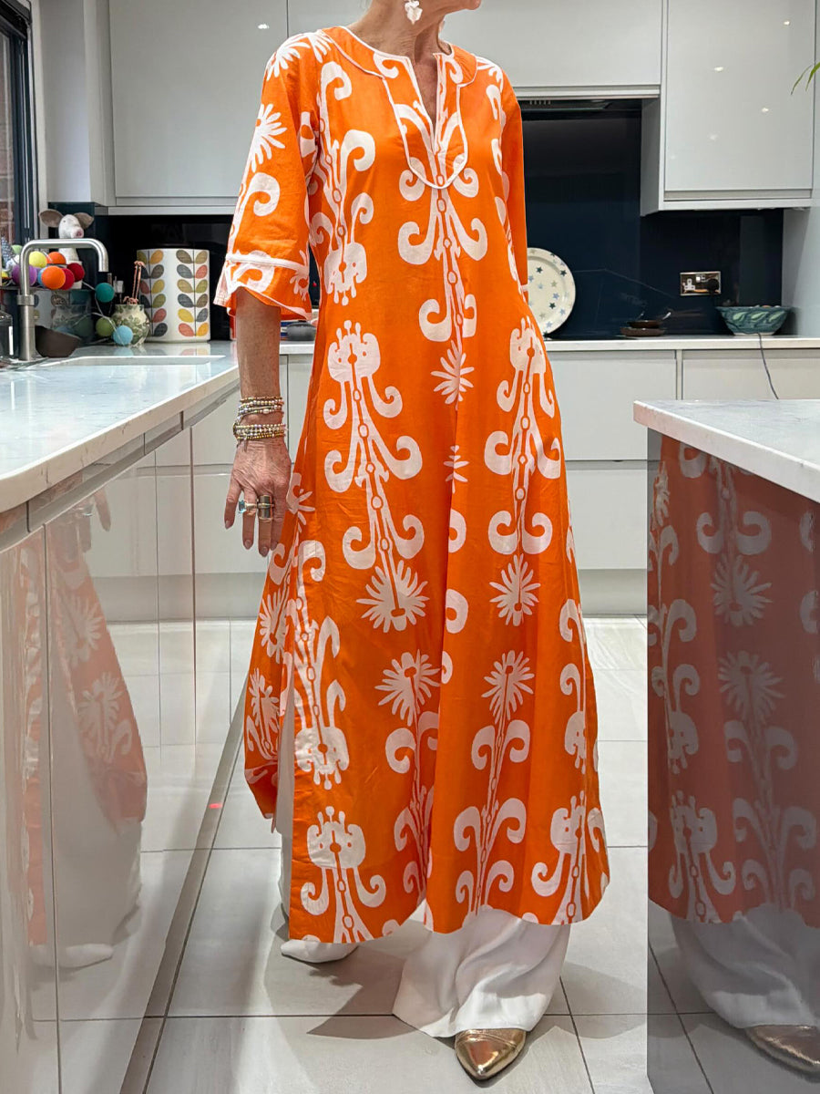 Split Neck Printed Belted Maxi Dress